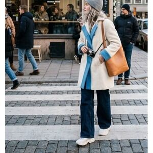Wool Blend Car Coat Cream Blue Contrast Trim Notched Collar Mod Style Size M